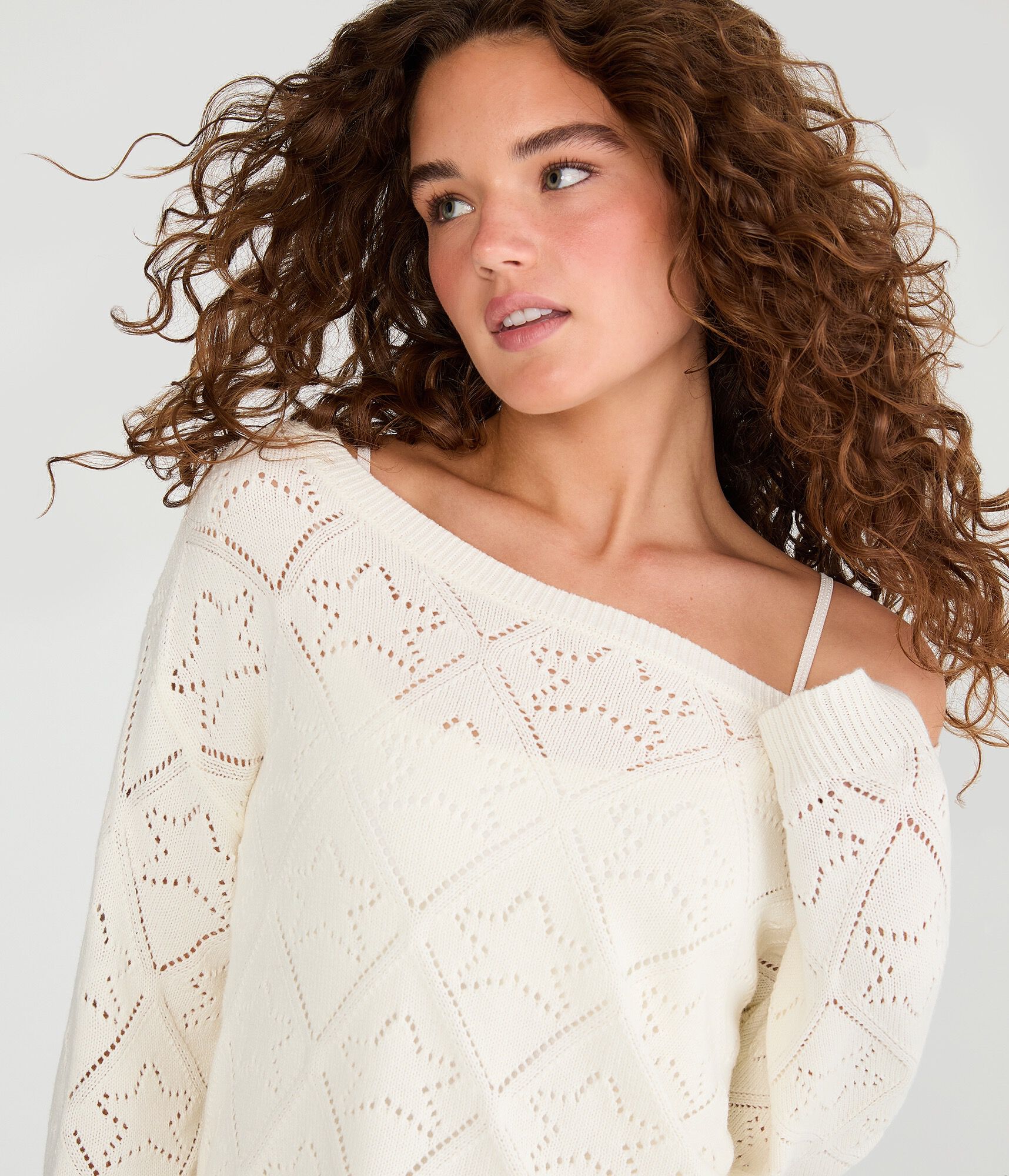 Slouchy Pointelle Star Slash-Neck Sweater