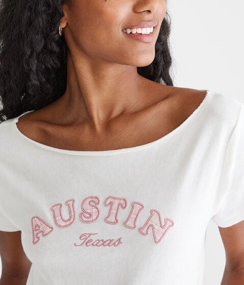 Seriously Soft Austin Off-The-Shoulder Vintage Fit Graphic Tee Seriously Soft Austin Off-The-Shoulder Vintage Fit Graphic Tee
