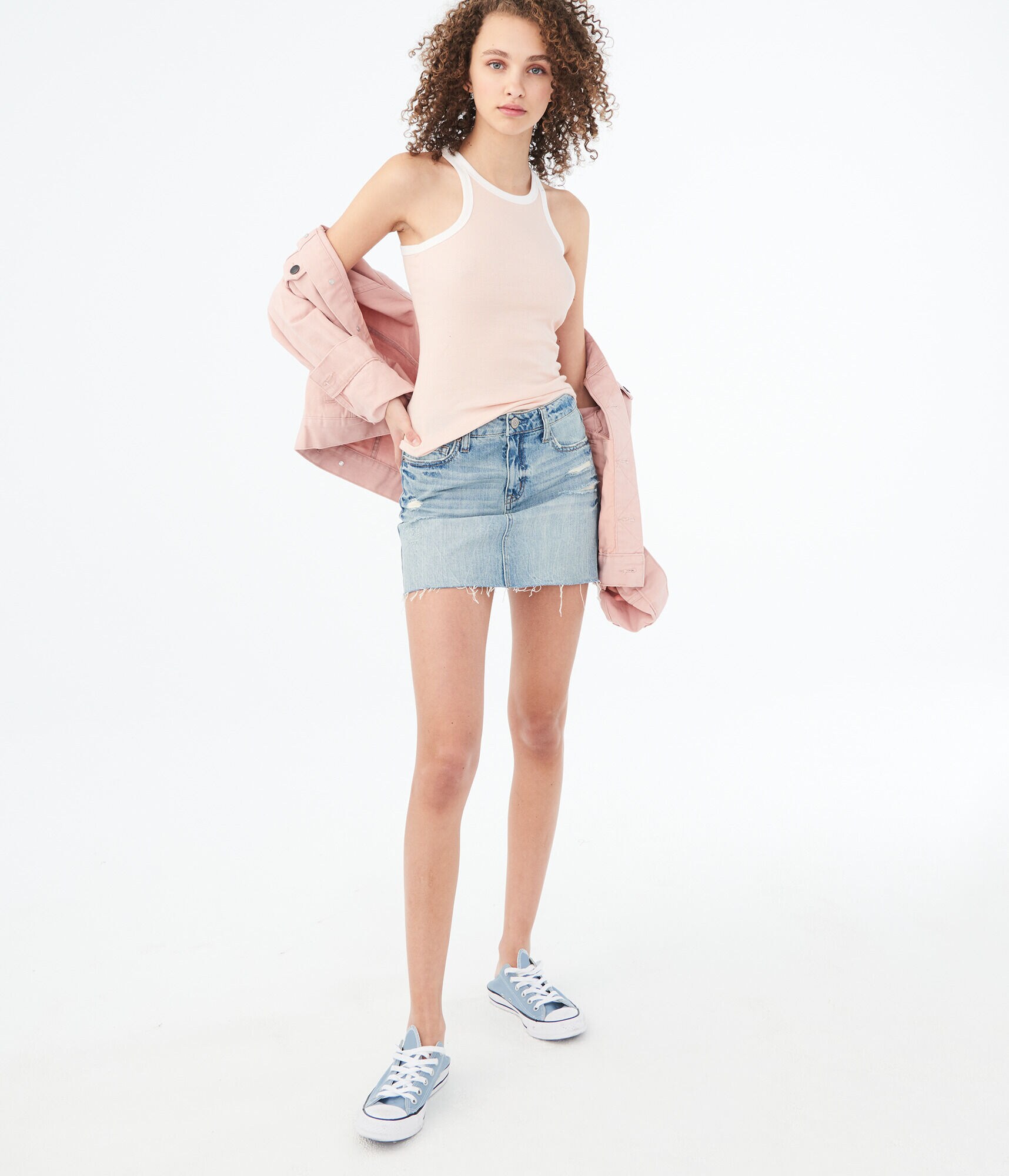 Light Wash Destroyed Denim Mini Skirt