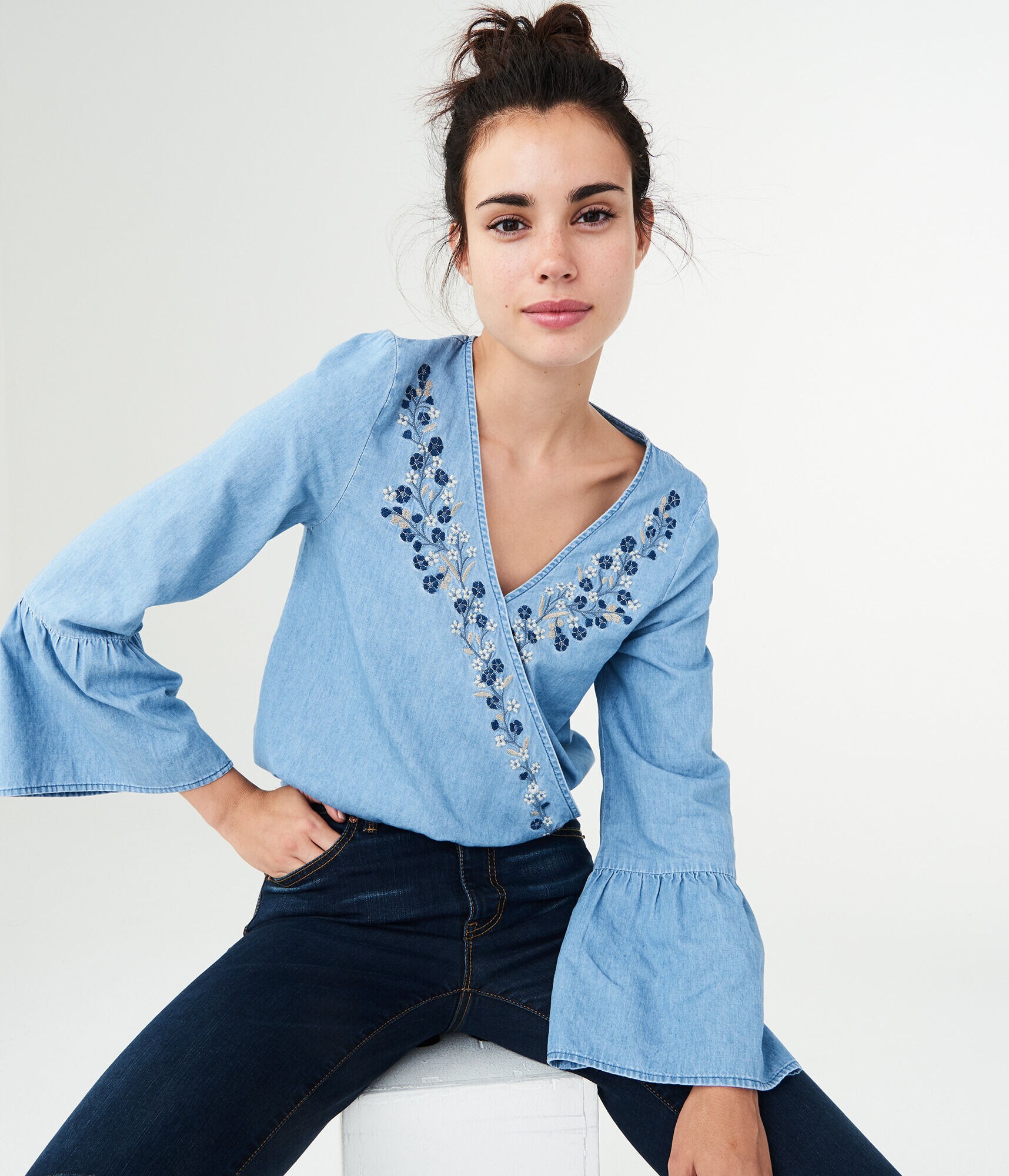 Long Sleeve Embroidered Wrap-Front Top