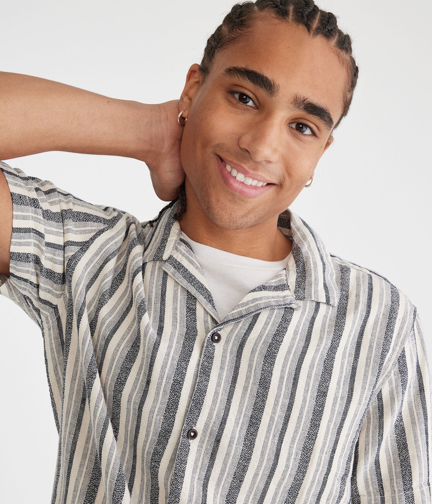 シャツ HUECLOSET Stripe Linen Short Sleeve Shirt Short Sleeve Textured Stripe Linen Shirt