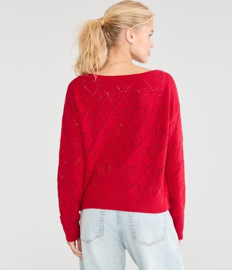 Slouchy Pointelle Bow Slash-Neck Sweater Slouchy Pointelle Bow Slash-Neck Sweater