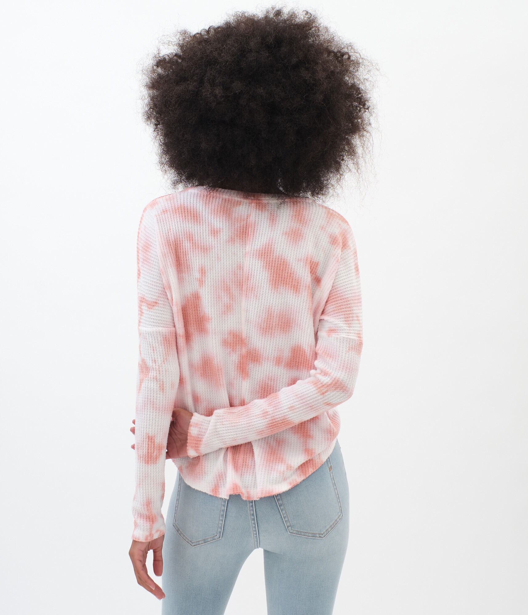 Long Sleeve Tie-Dye Waffle-Knit V-Neck Tee