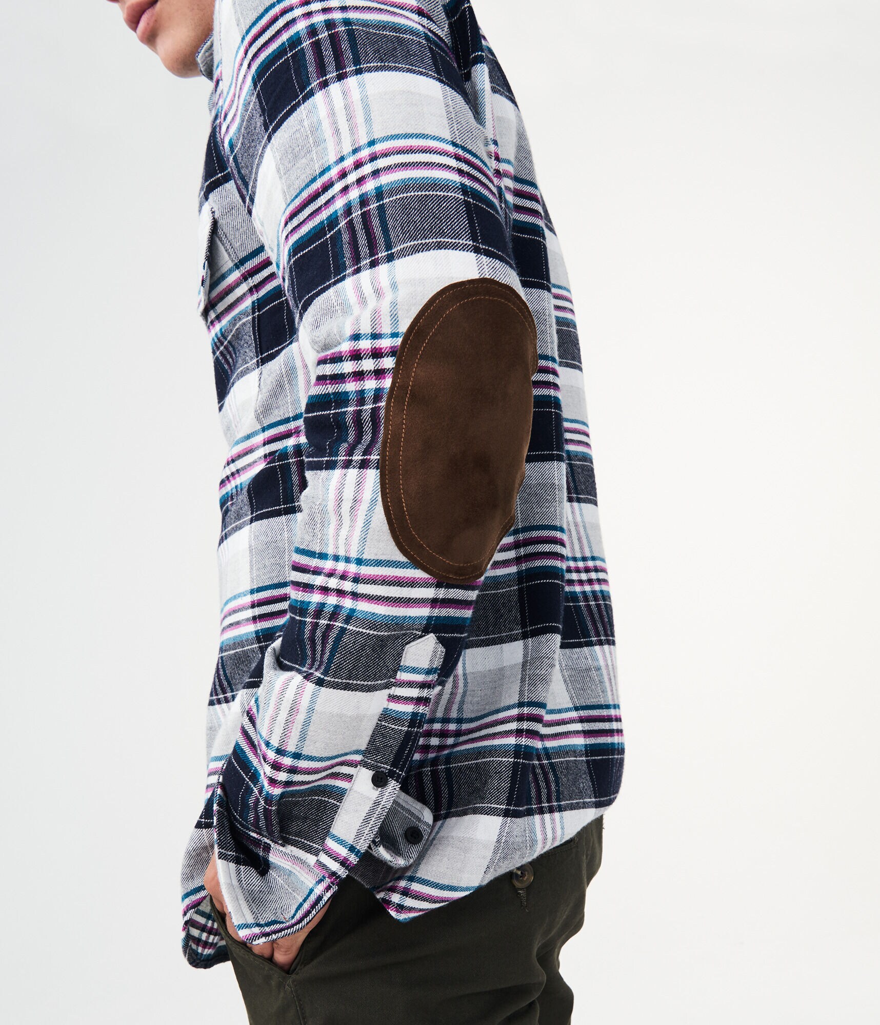 Long Sleeve Plaid Elbow Patch Woven Shirt