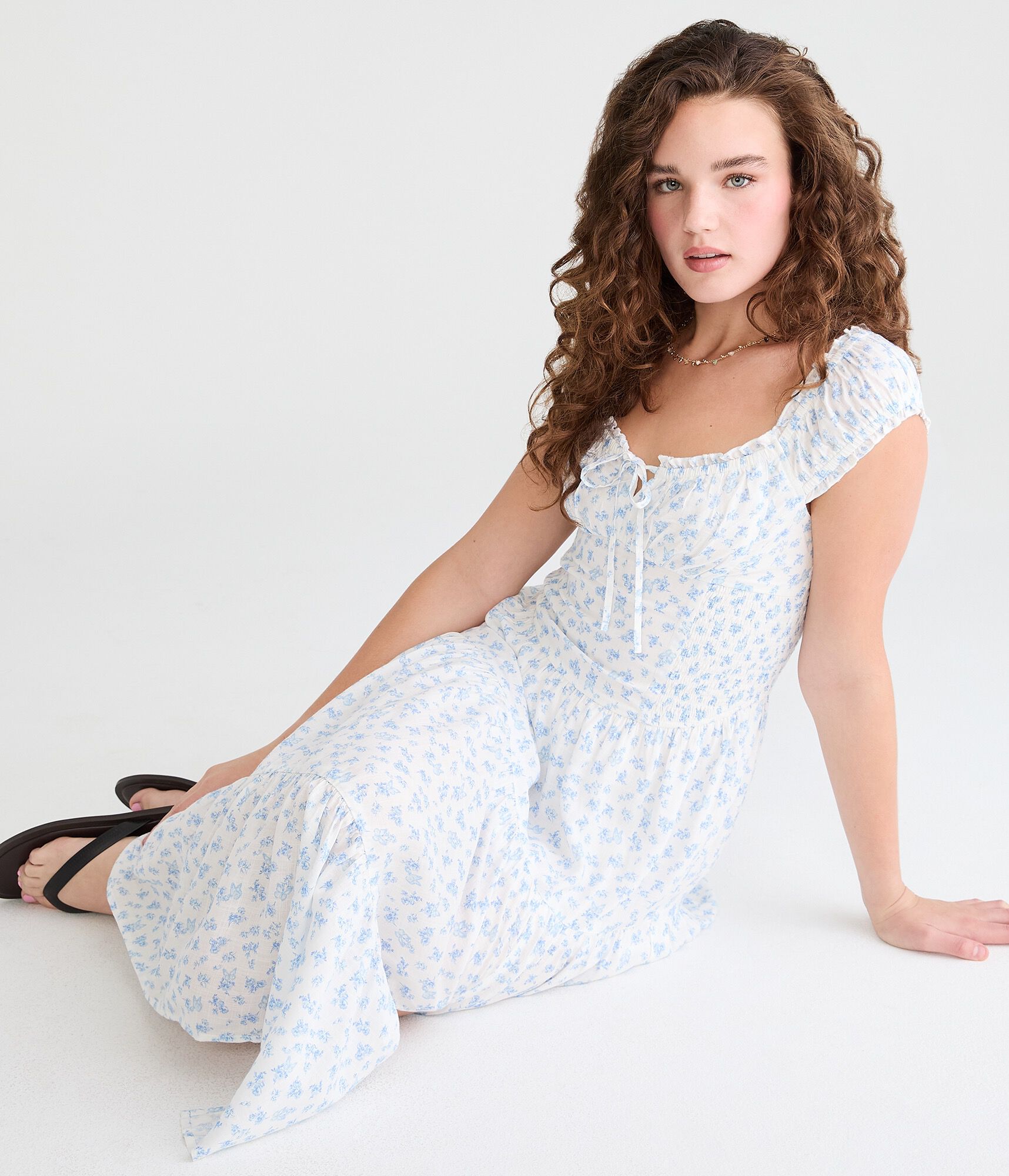 Floral Square-Neck Tiered Midi Dress