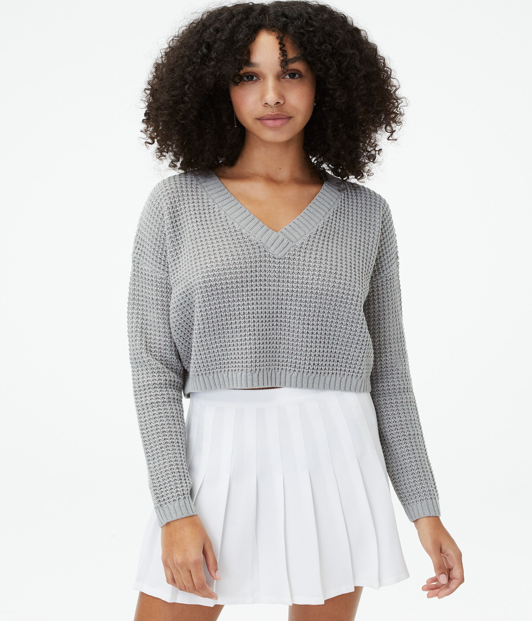 Solid Cropped V-Neck Sweater