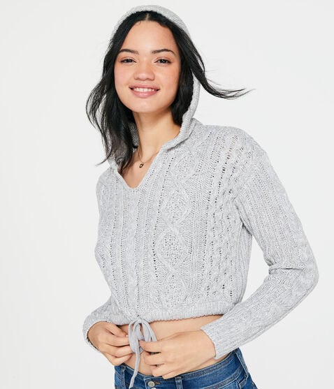 Hooded Cable-Knit Cropped Sweater
