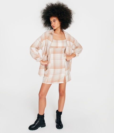 Long Sleeve Oversized Plaid Flannel Button-Down Shirt Long Sleeve Oversized Plaid Flannel Button-Down Shirt