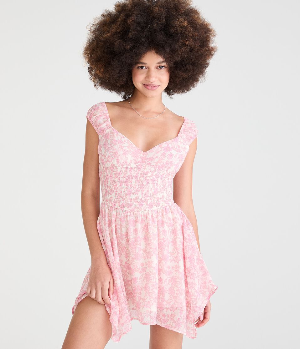 Aeropostale Womens' Floral V-Neck Handkerchief Hem Mini Dress - Pink - Size S - Polyester - Teen Fashion & Clothing Aeropostale Womens' Floral V-Neck Handkerchief Hem Mini Dress - Pink - Size S - Polyester - Teen Fashion & Clothing