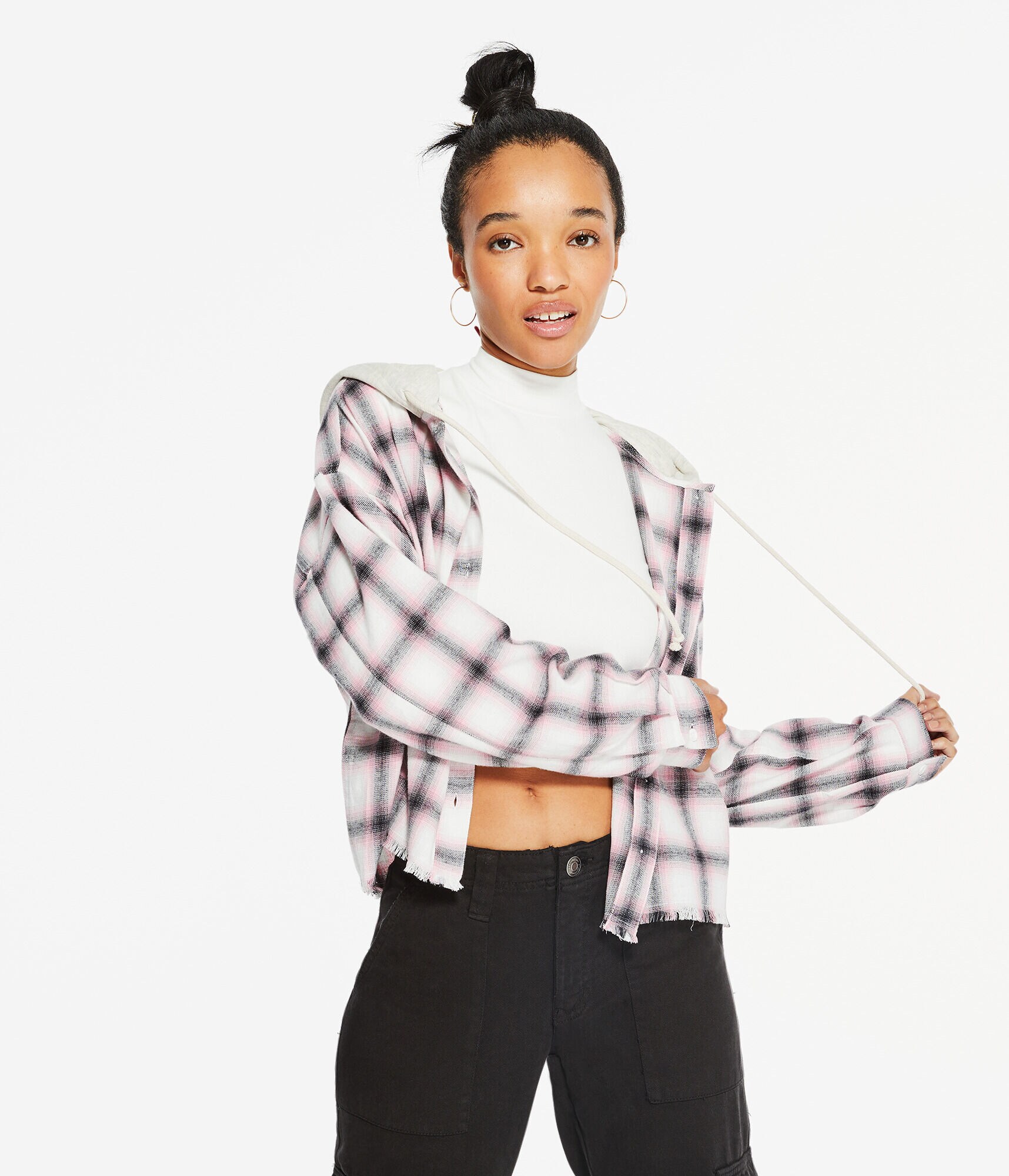 Long Sleeve Plaid Hooded Button-Down Shirt