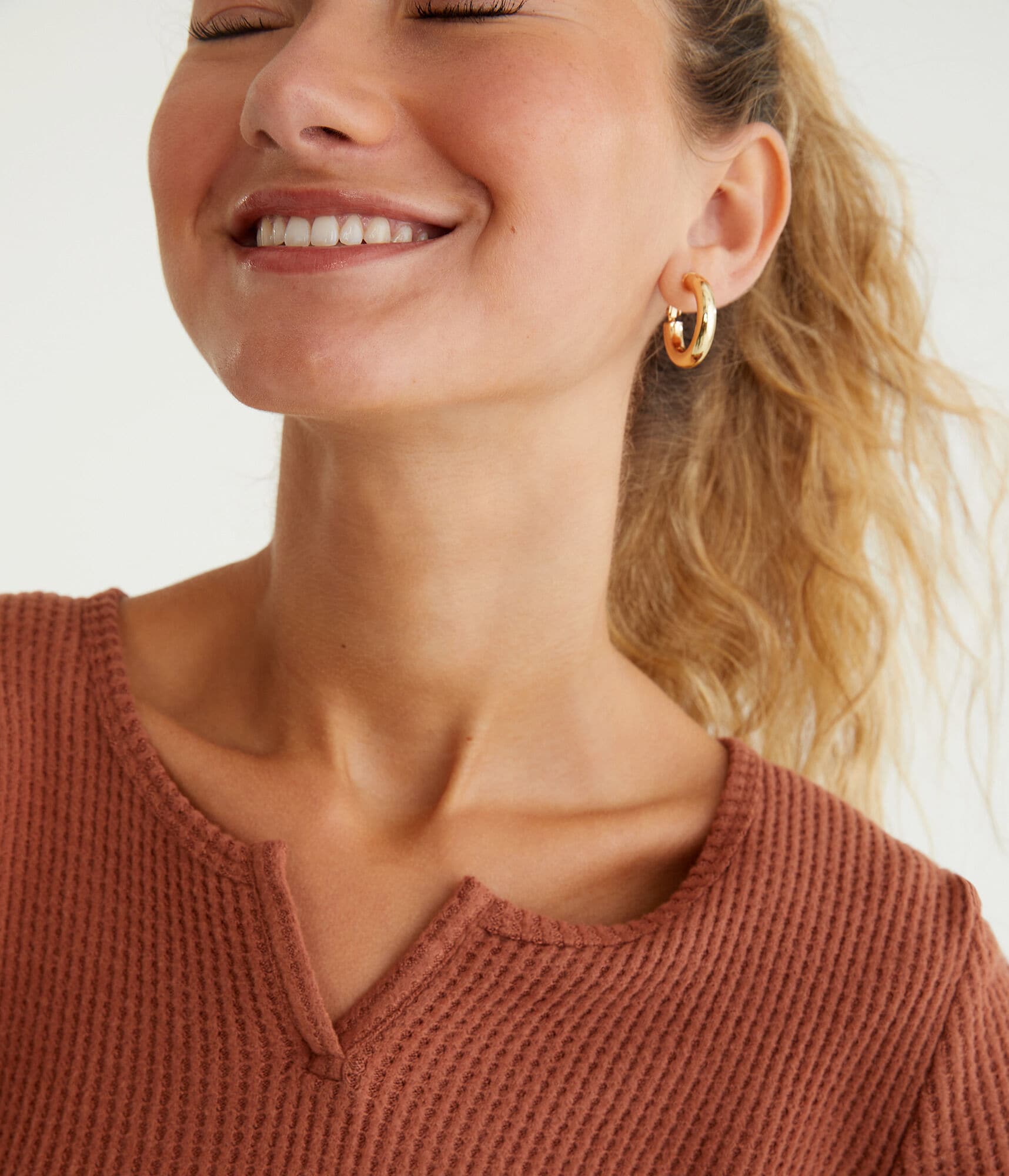 Long Sleeve Waffle Notch-Neck Shrunken Tee