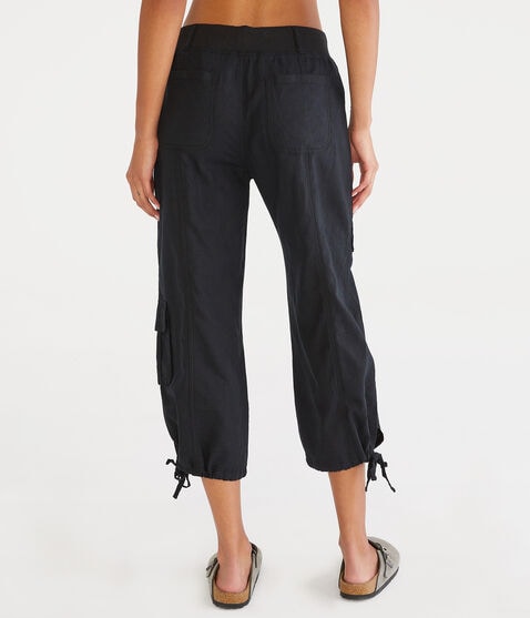 Mid-Rise Linen Utility Cargo Capris