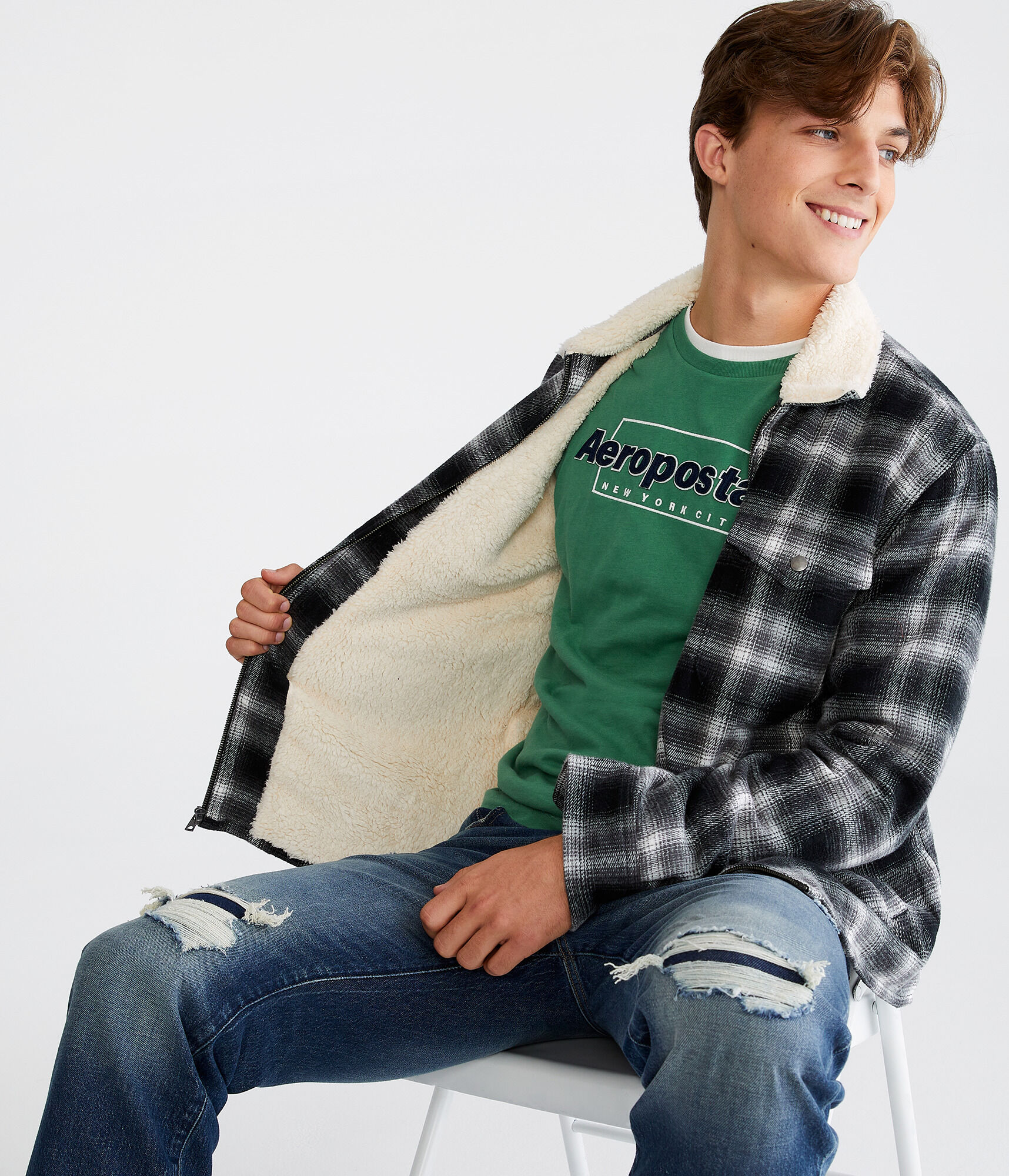 Plaid Sherpa-Lined Full-Zip Flannel Shacket