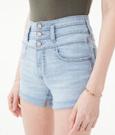 Seriously Stretchy Super High-Rise Triple-Waistband Denim Midi Shorts***