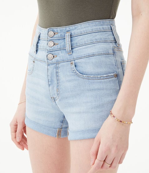 Seriously Stretchy Super High-Rise Triple-Waistband Denim Midi Shorts*** Seriously Stretchy Super High-Rise Triple-Waistband Denim Midi Shorts***