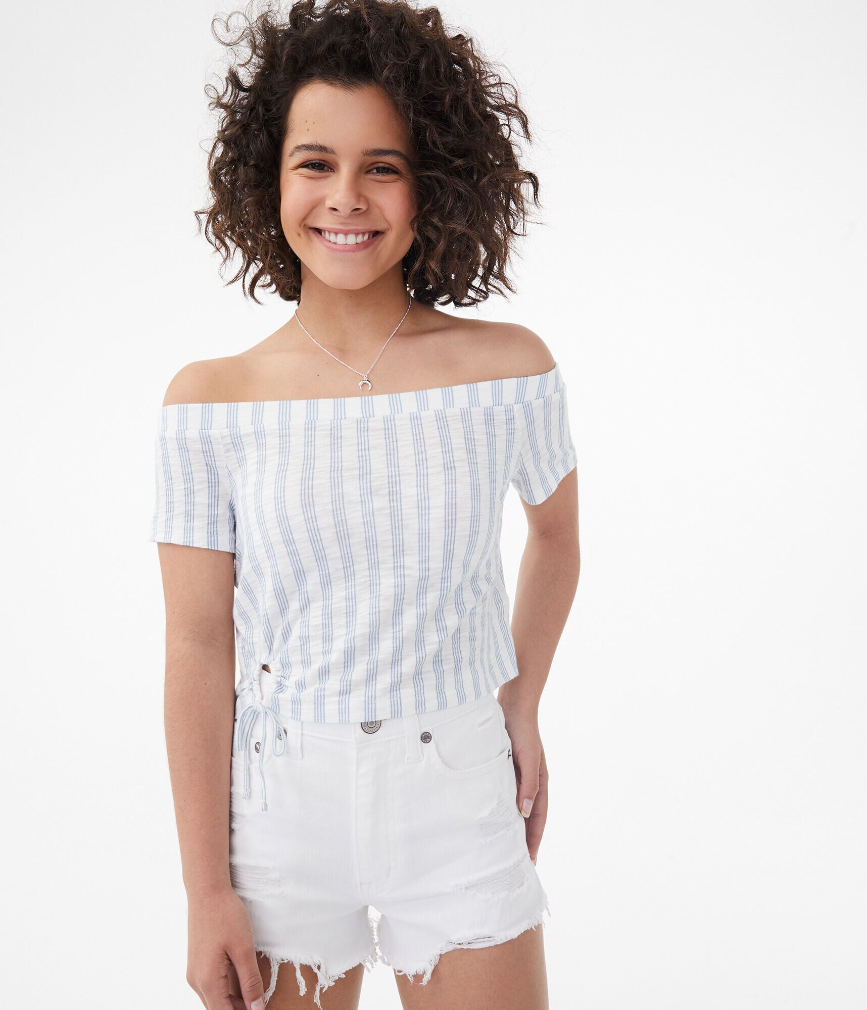 Striped Tie Keyhole Off-The-Shoulder Top