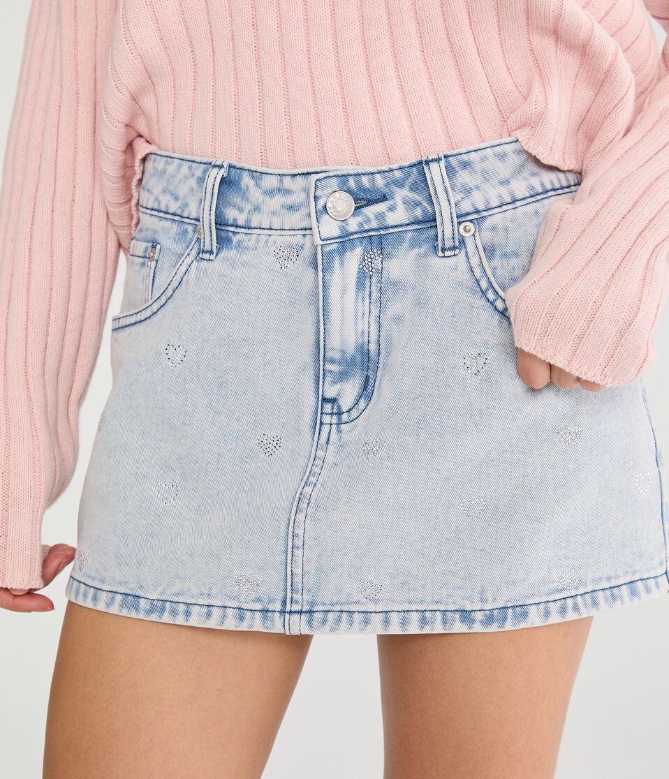 Rhinestone Hearts Low-Rise Denim Mini Skirt