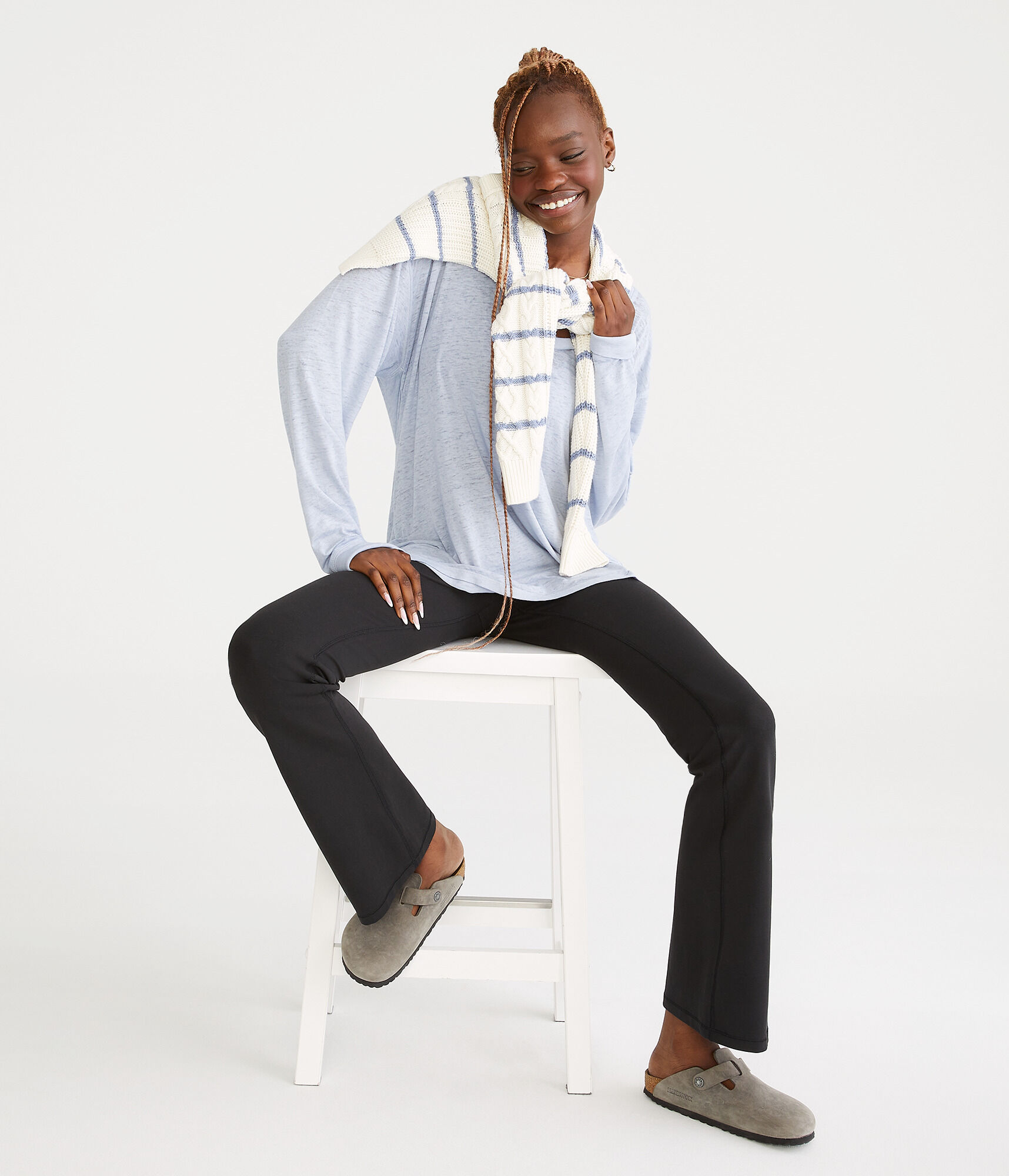 Long Sleeve Washed Loose Fit V-Neck Tee