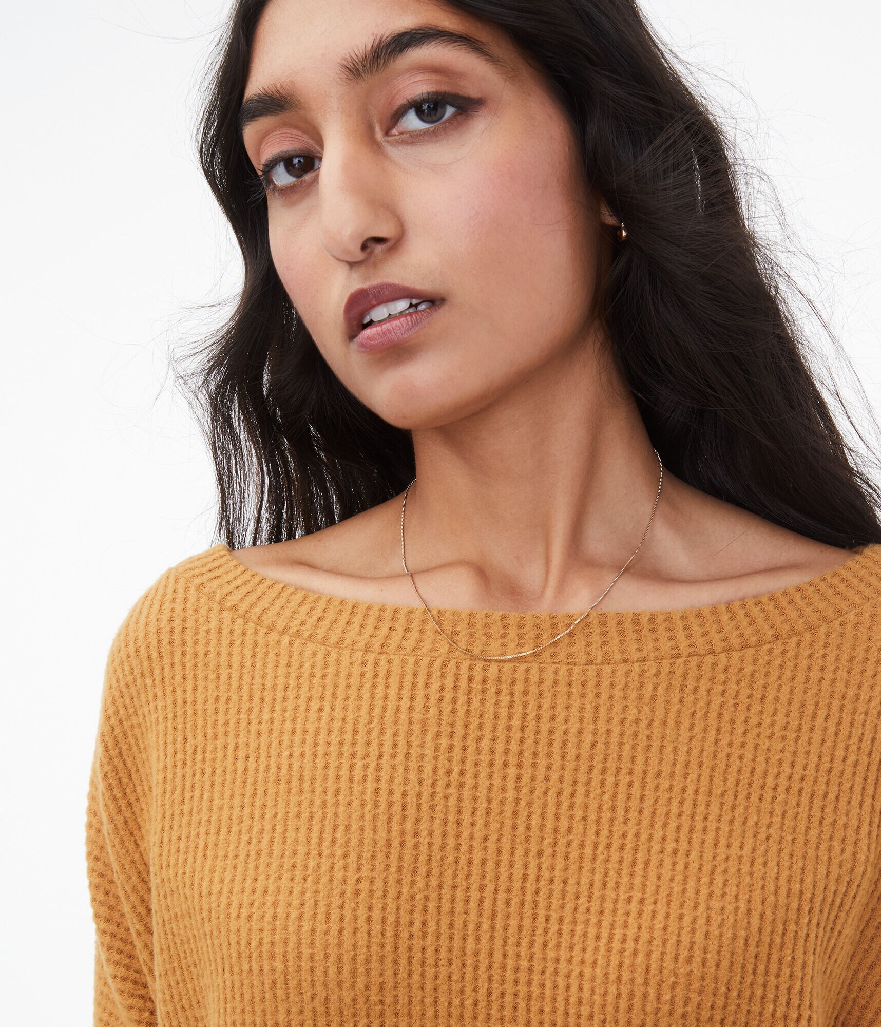 Long Sleeve Waffle-Knit Boat-Neck Top