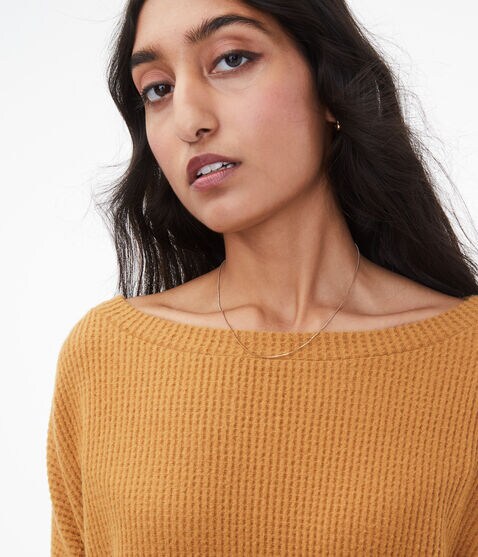 Long Sleeve Waffle-Knit Boat-Neck Top Long Sleeve Waffle-Knit Boat-Neck Top