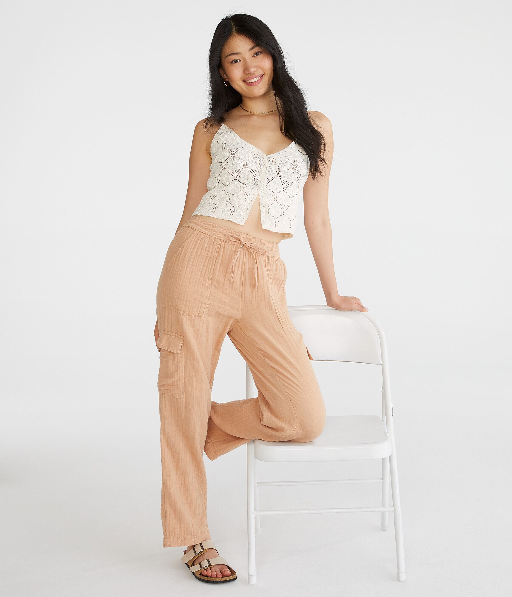 Gauze Wide Leg Cargo Pants