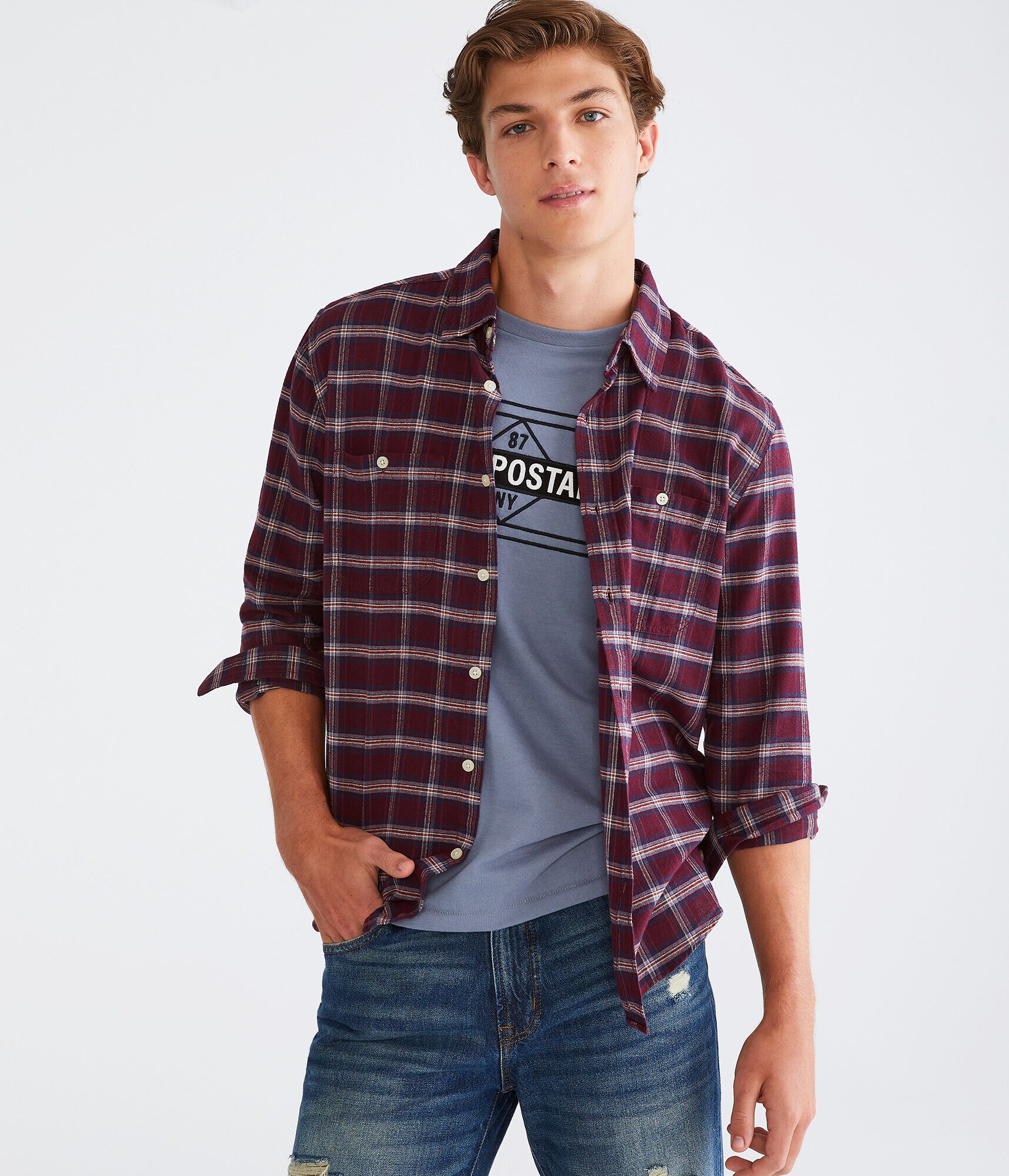 Long Sleeve Relaxed Plaid Oxford Shirt