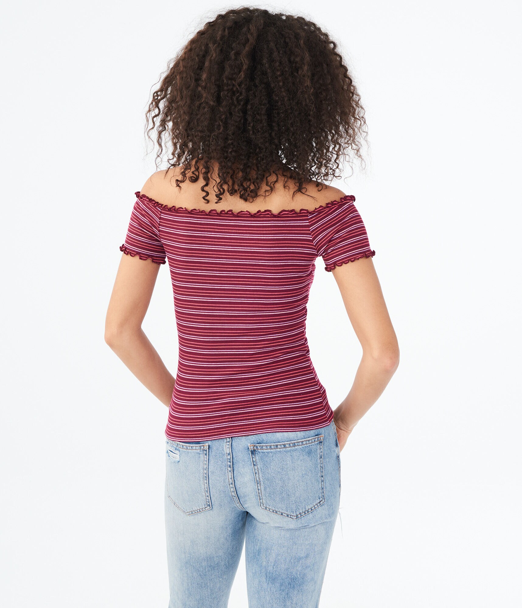 Striped Lettuce-Trim V-Wire Off-The-Shoulder Top