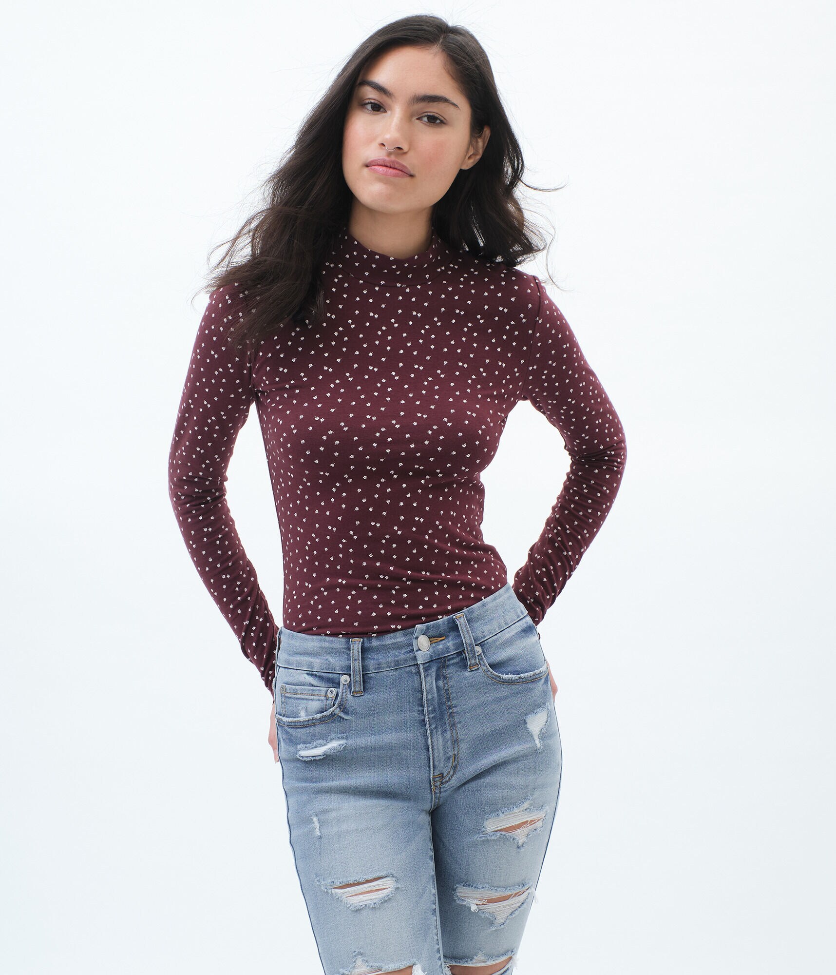 Long Sleeve Floral Mock-Neck Top