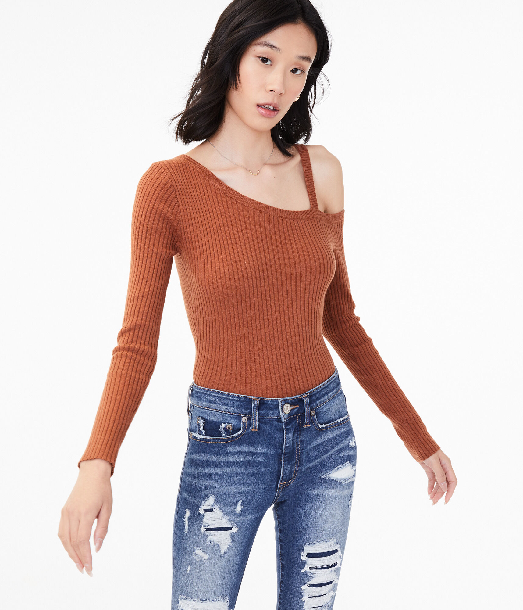 Long Sleeve Ribbed One-Shoulder Bodycon Top