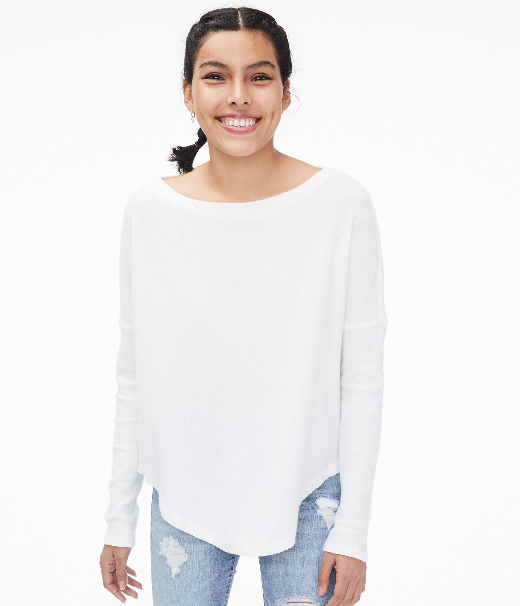 Long Sleeve Waffle-Knit Boat-Neck Top