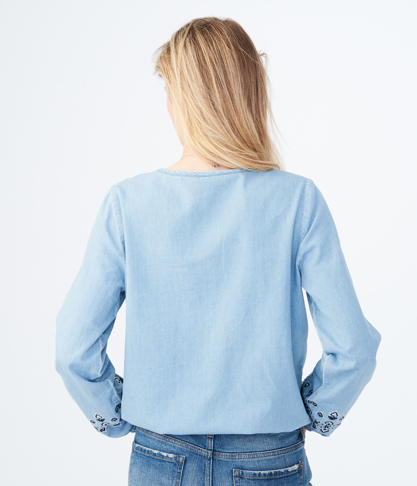Long Sleeve Embroidered Chambray Top