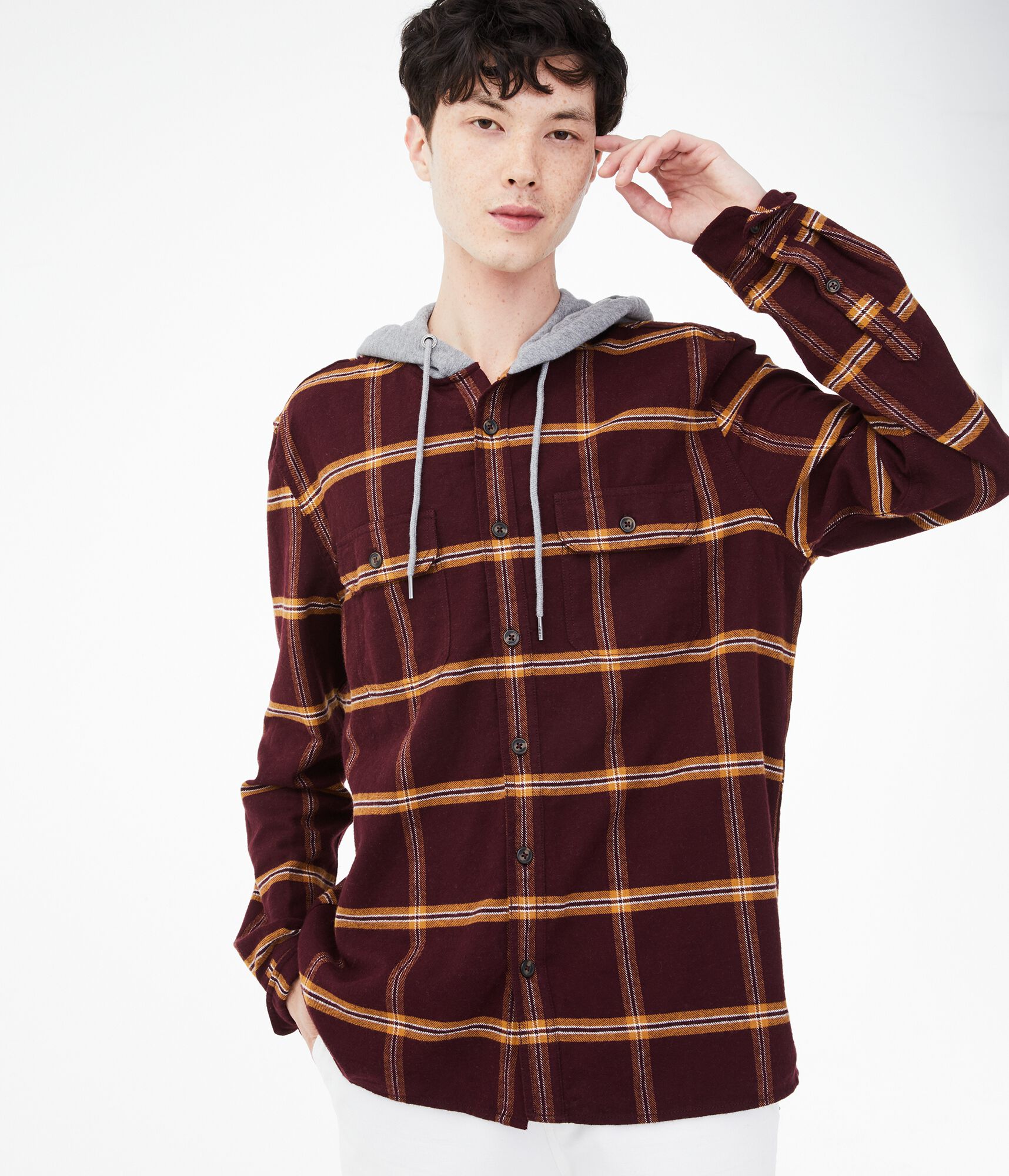 Long Sleeve Windowpane Hooded Button-Down Shirt