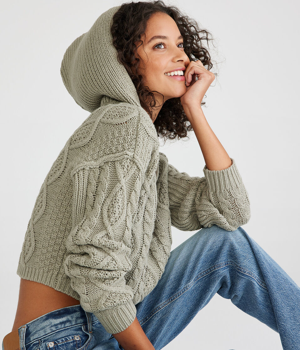 Cropped Cable-Knit Hooded Sweater