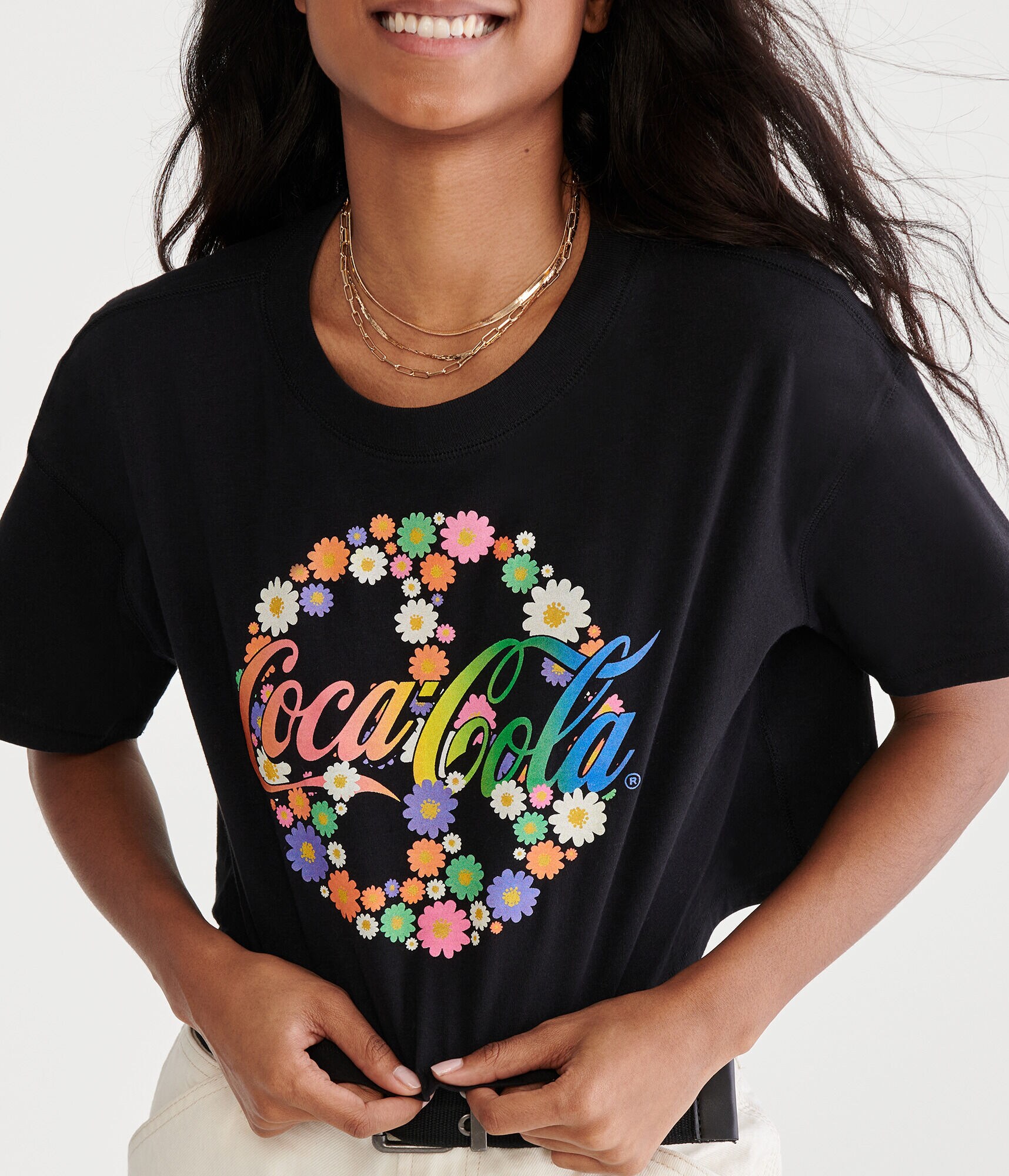 Coca-Cola&reg; by A&eacute;ropostale Floral Peace Sign Cropped Boyfriend Tee