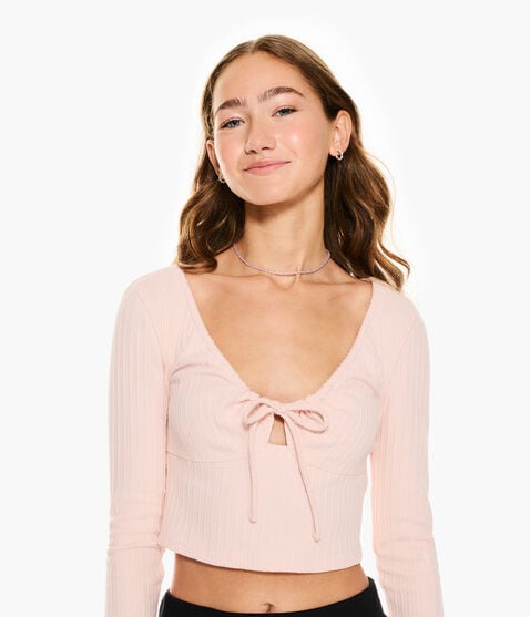 Long Sleeve Tie-Front Cropped Shrunken Tee