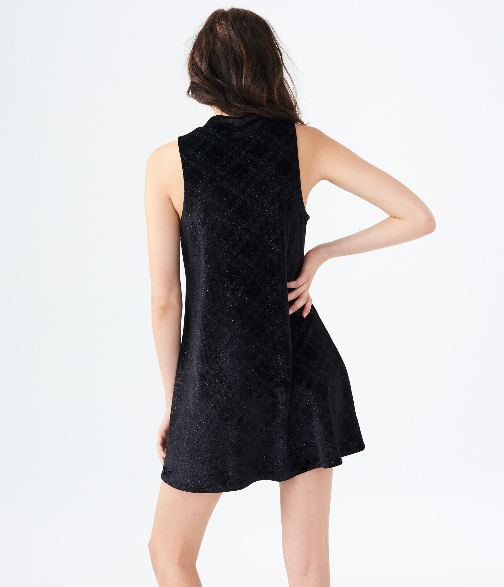 Sparkly Plaid Velvet Mock-Neck Swing Dress