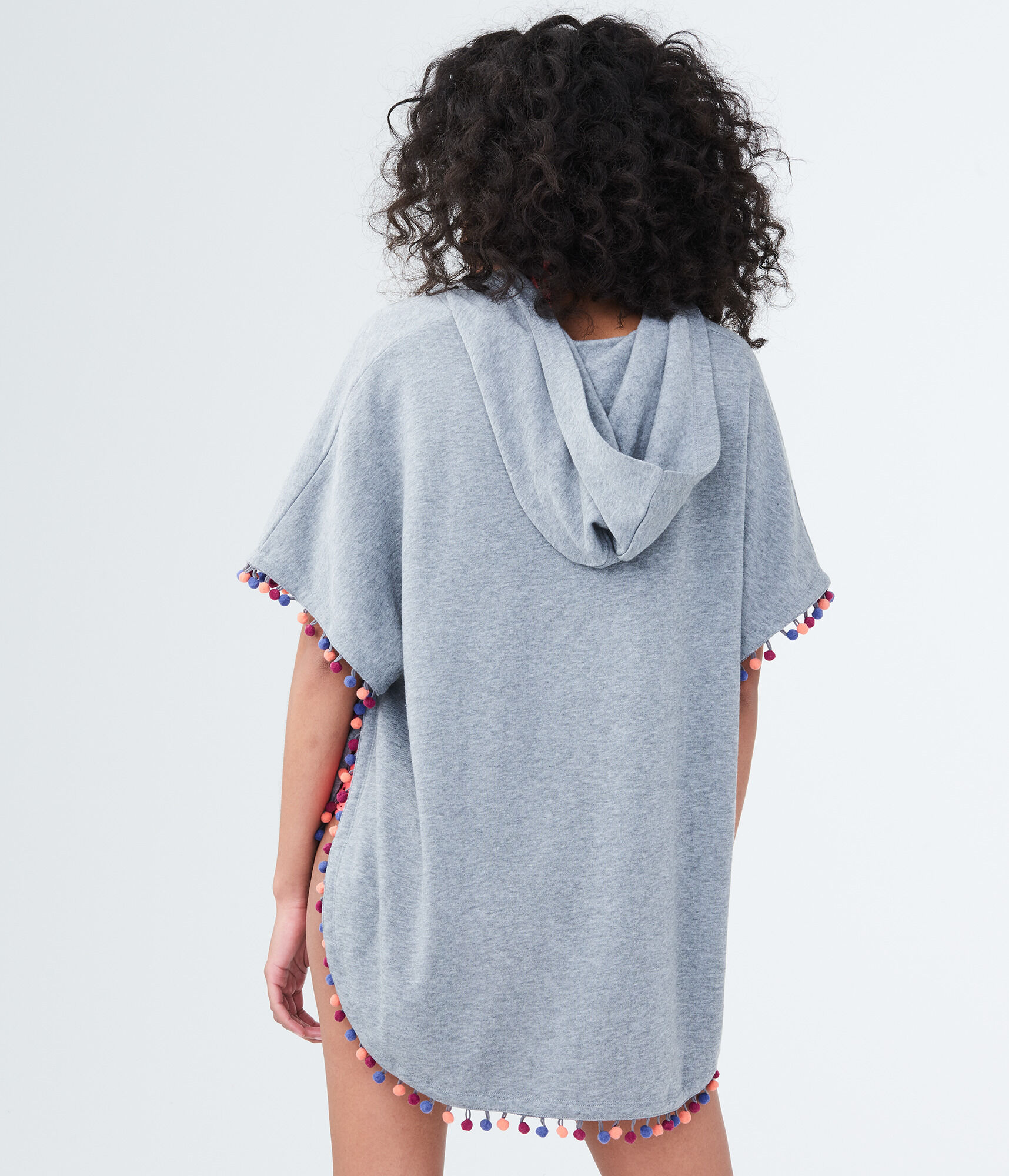 LLD Hooded Pom-Pom Lace-Up Poncho