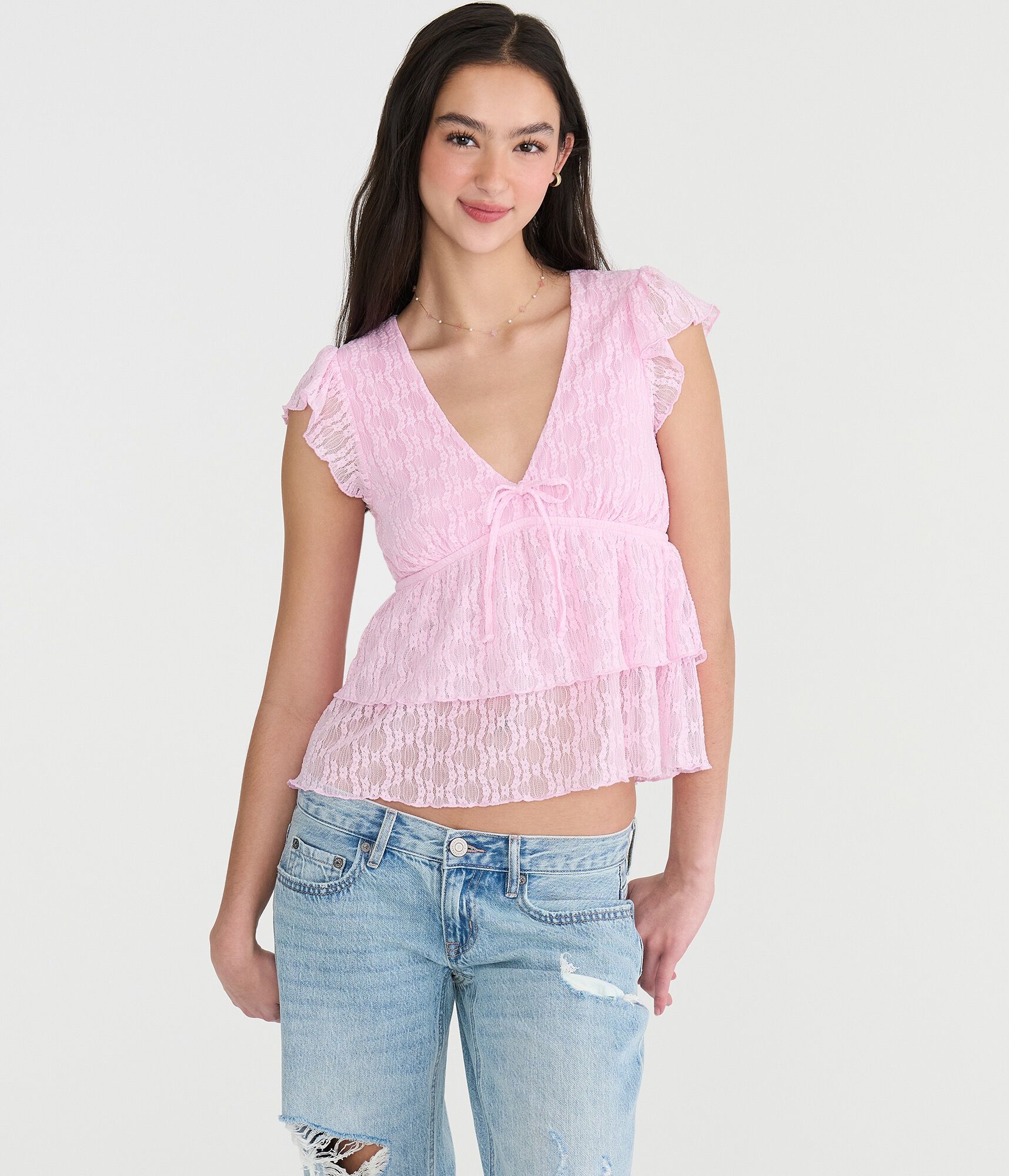 Lace Flutter Sleeve V-Neck Top