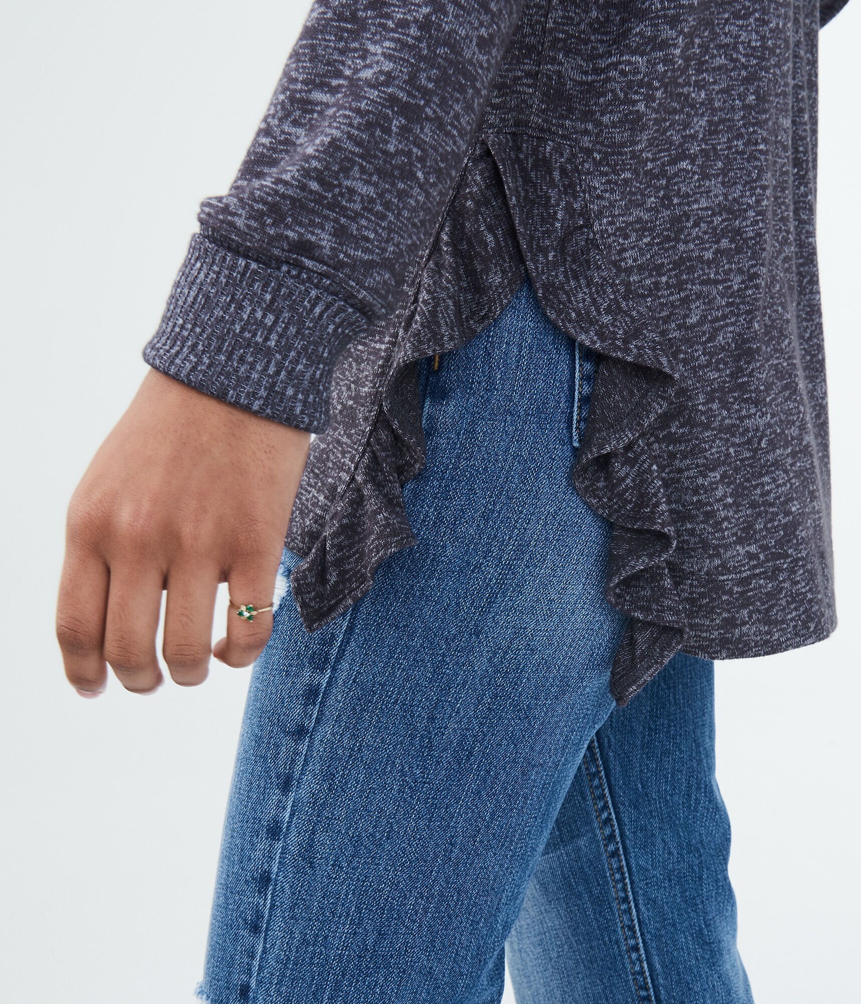 LLD Long Sleeve Side Ruffle V-Neck Top***