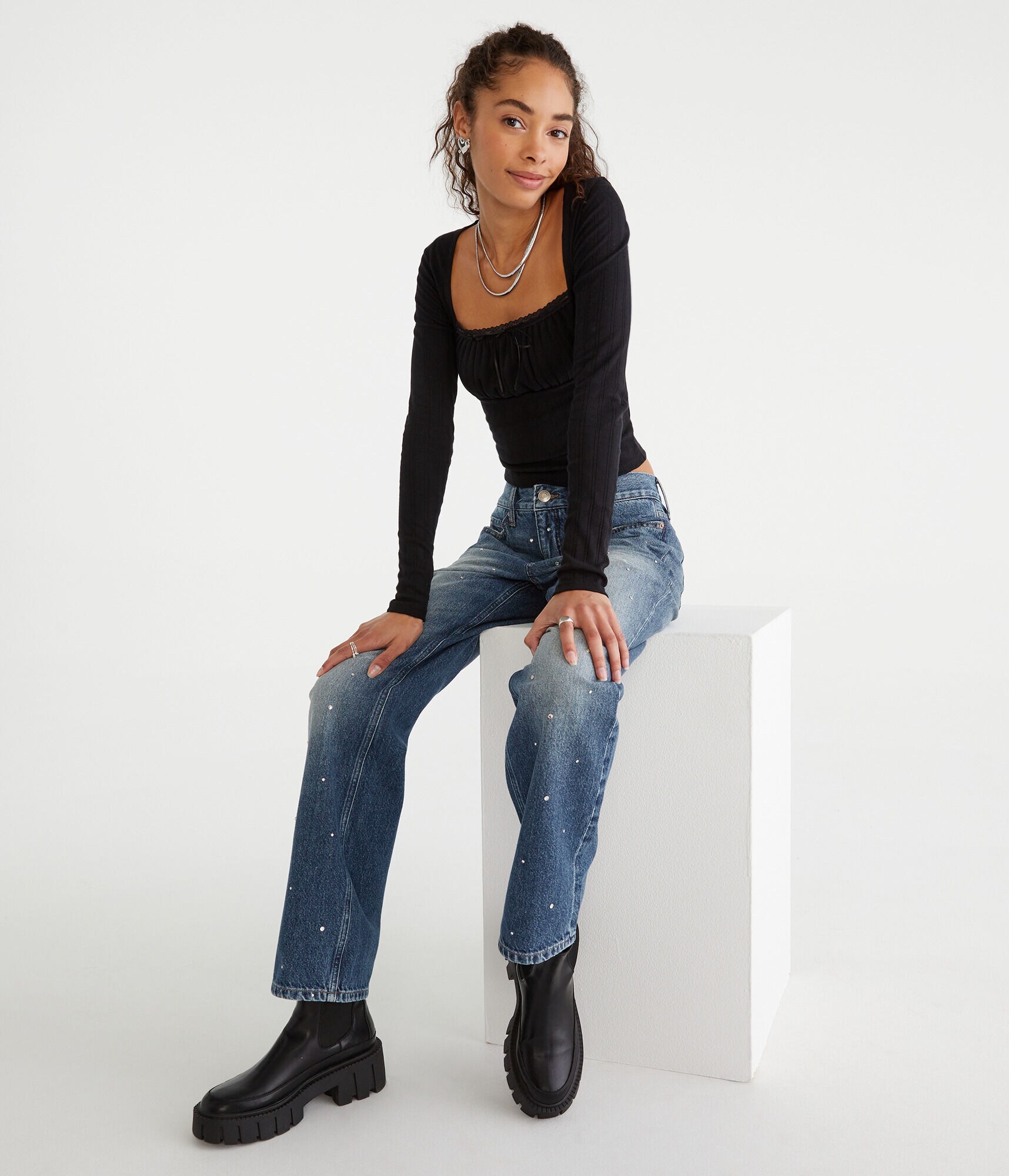 Long Sleeve Ruched Pointelle Top