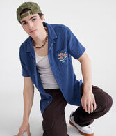 Short Sleeve Stitched Floral Gauze Camp Shirt