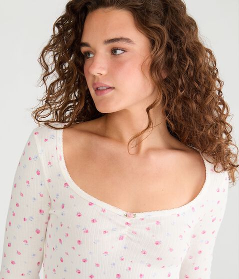 Long Sleeve Seriously Soft Floral Cinch-Front Tee Long Sleeve Seriously Soft Floral Cinch-Front Tee
