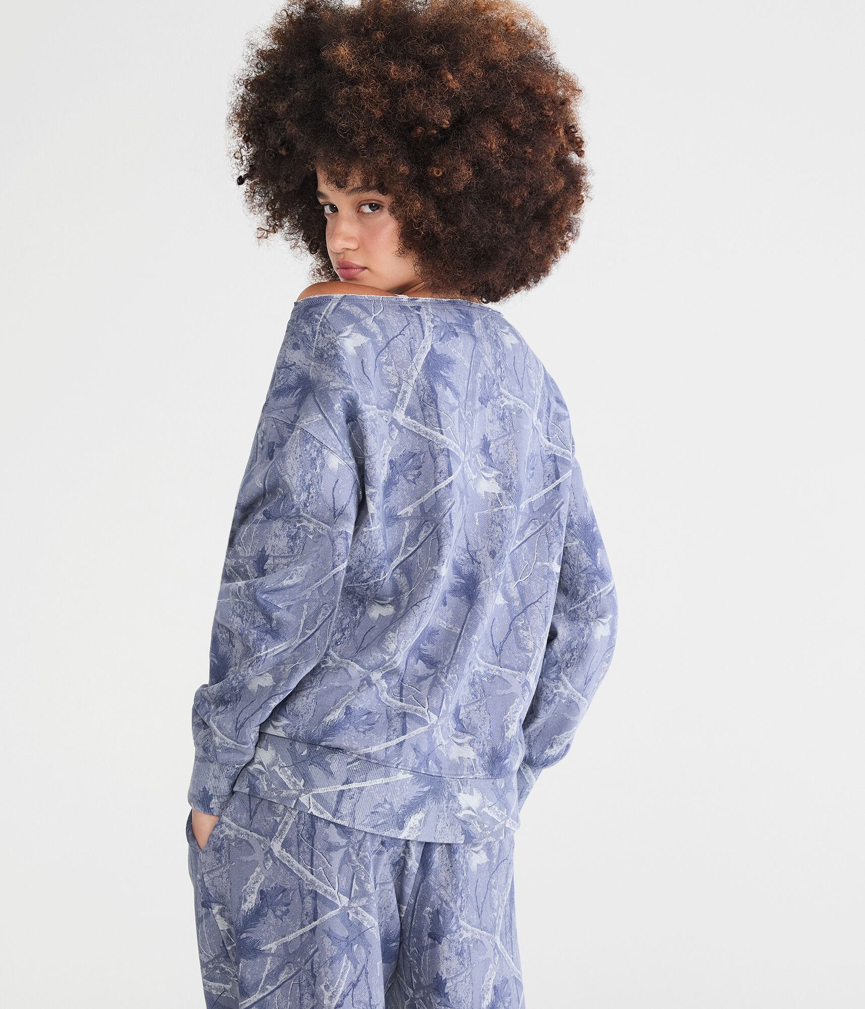 Cloud Soft Forest Camo Off-The-Shoulder Sweatshirt