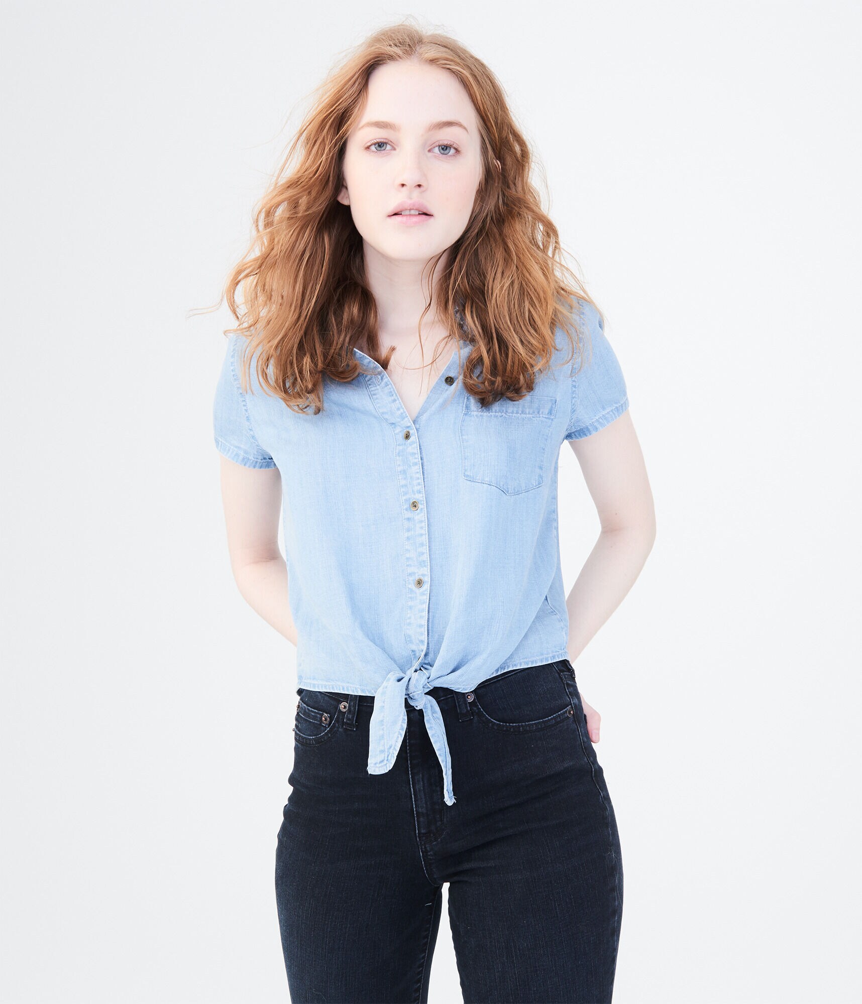 Chambray Tie-Front Woven Top