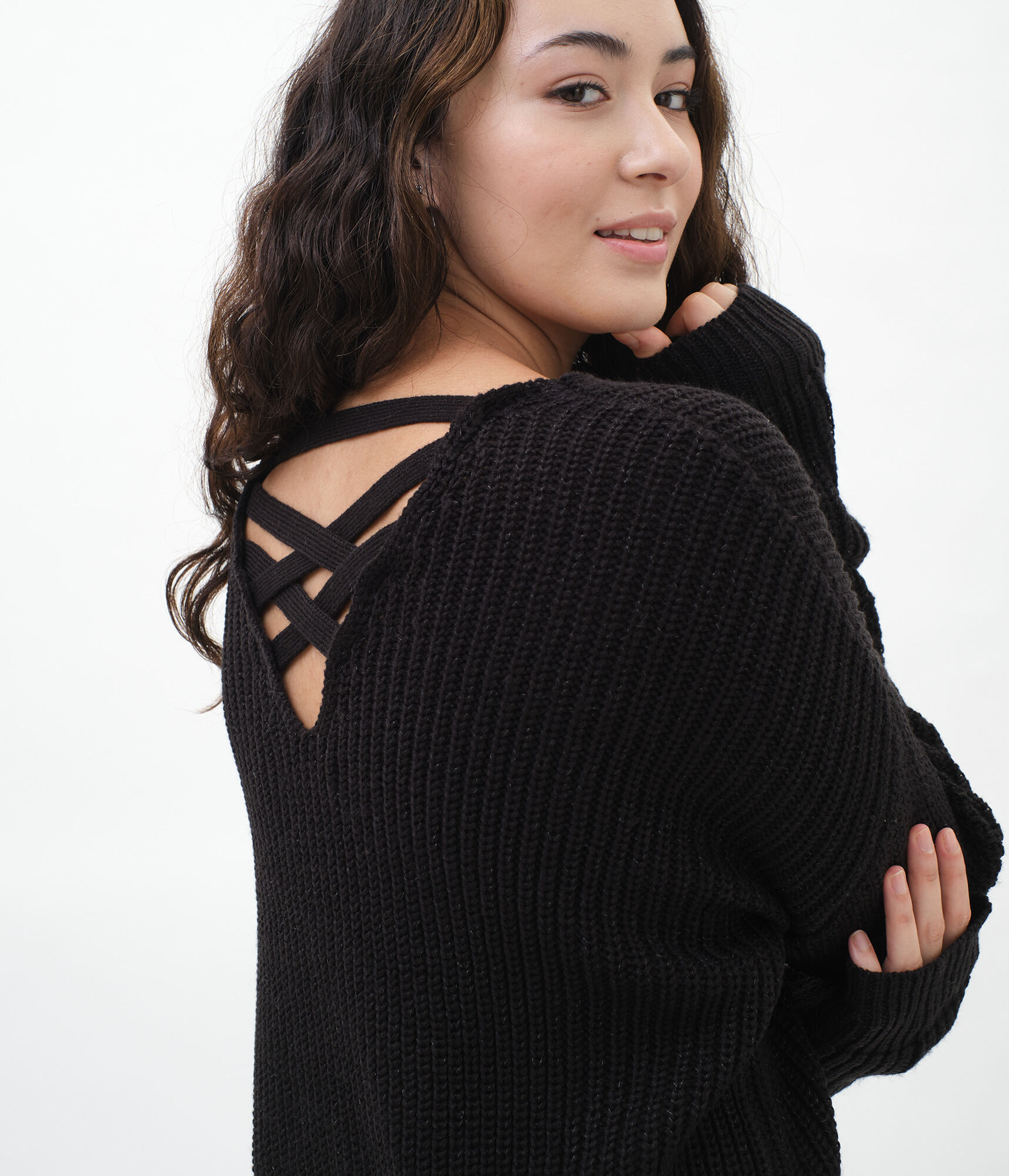 Pointelle Crisscross-Back V-Neck Sweater