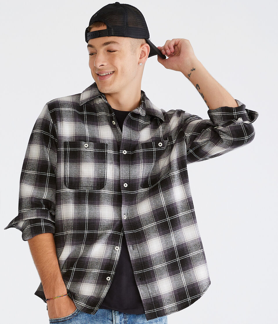 Long Sleeve Relaxed Washed Plaid Flannel Shirt