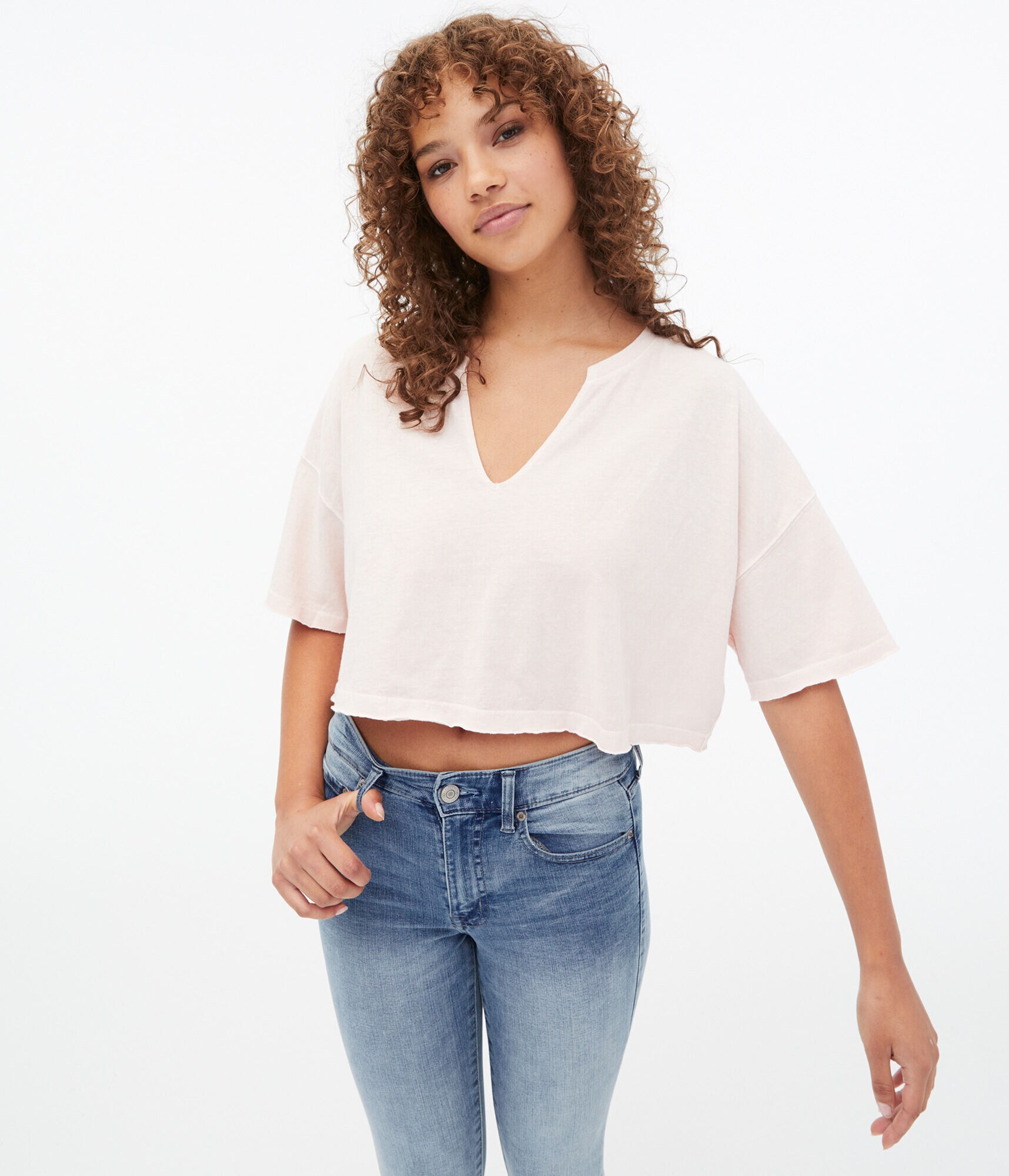Washed Notch-Neck Cropped Boyfriend Tee