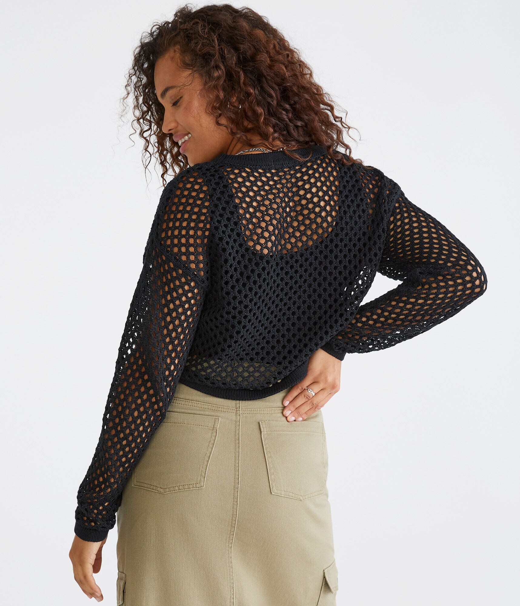 Mesh Cropped Crew Sweater