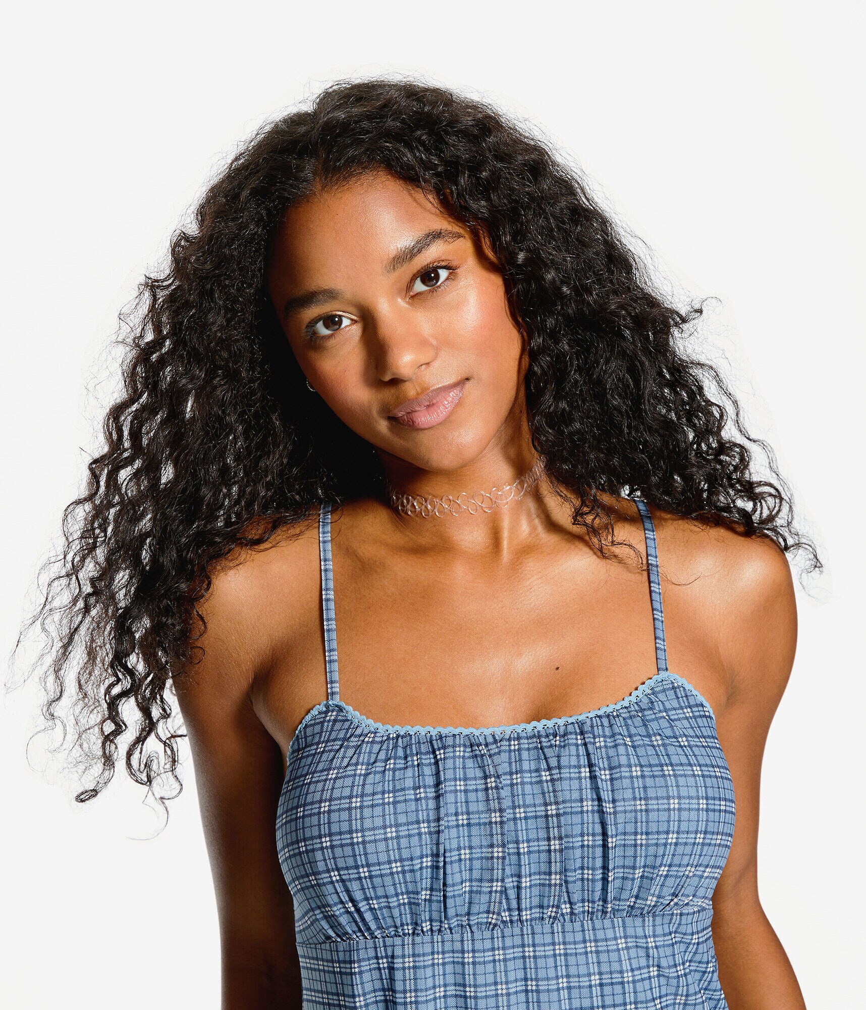 Plaid Scoop-Neck Mesh Slip Dress