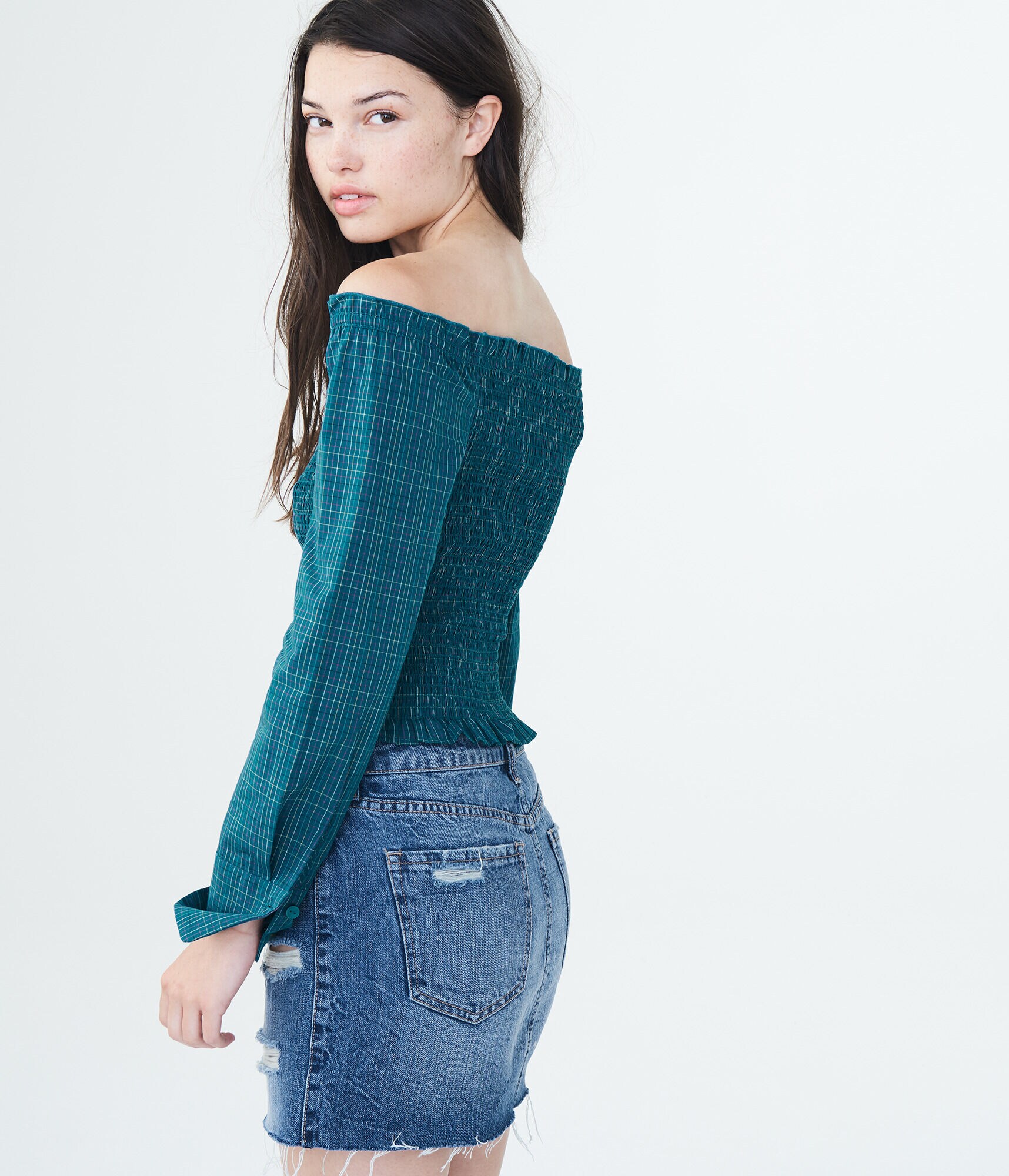 Long Sleeve Plaid Smocked Off-The-Shoulder Top